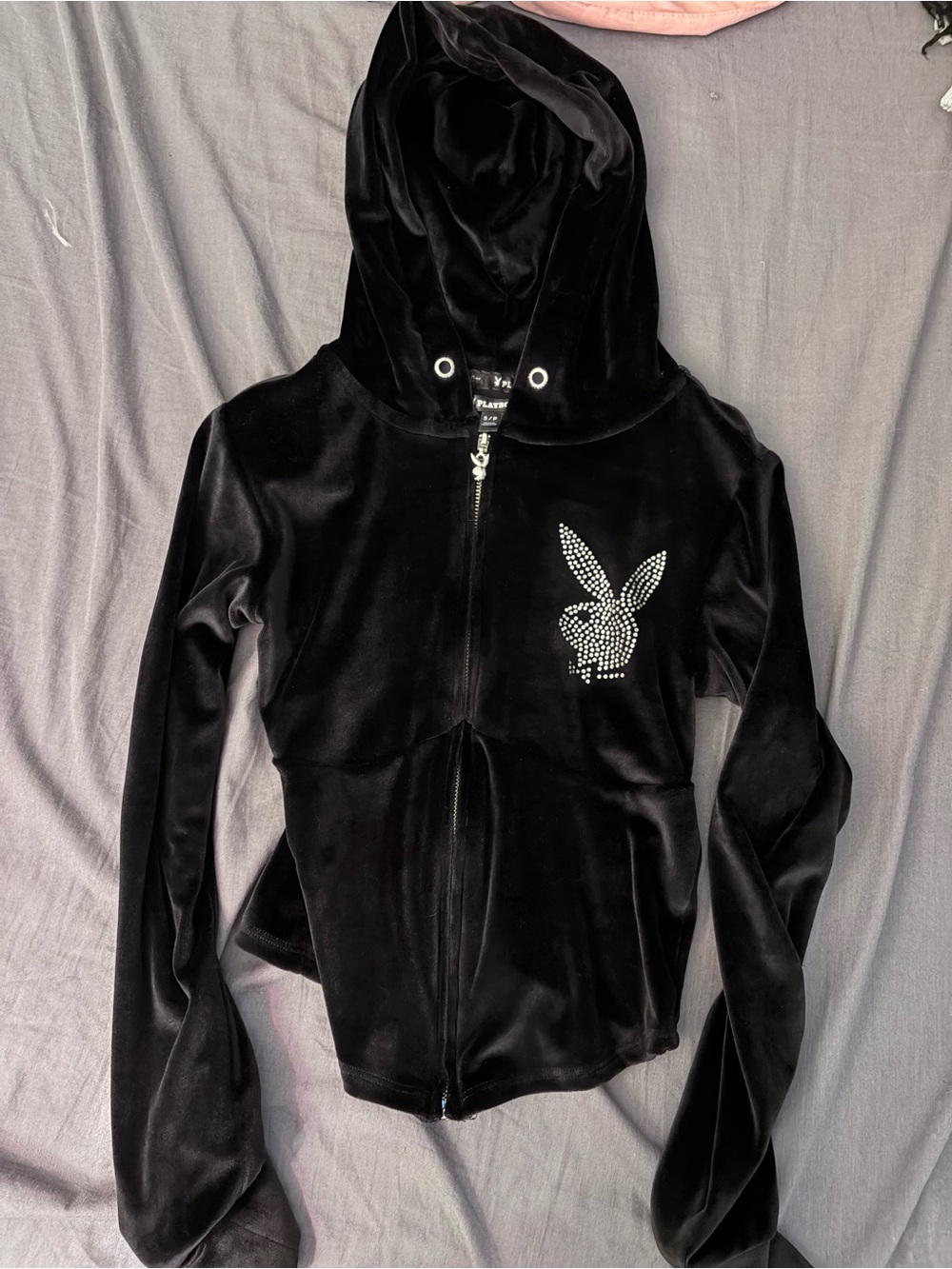 PLAYBOY Black Velour Hooded Zip Jacket with Rhinestone Bunny